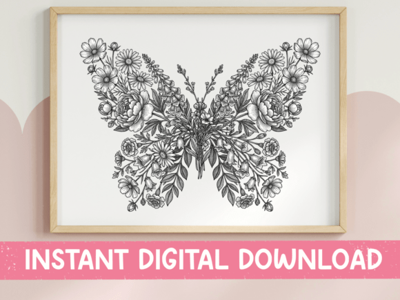 Floral Butterfly SVG PNG Ink Art: Elegant Botanical Design